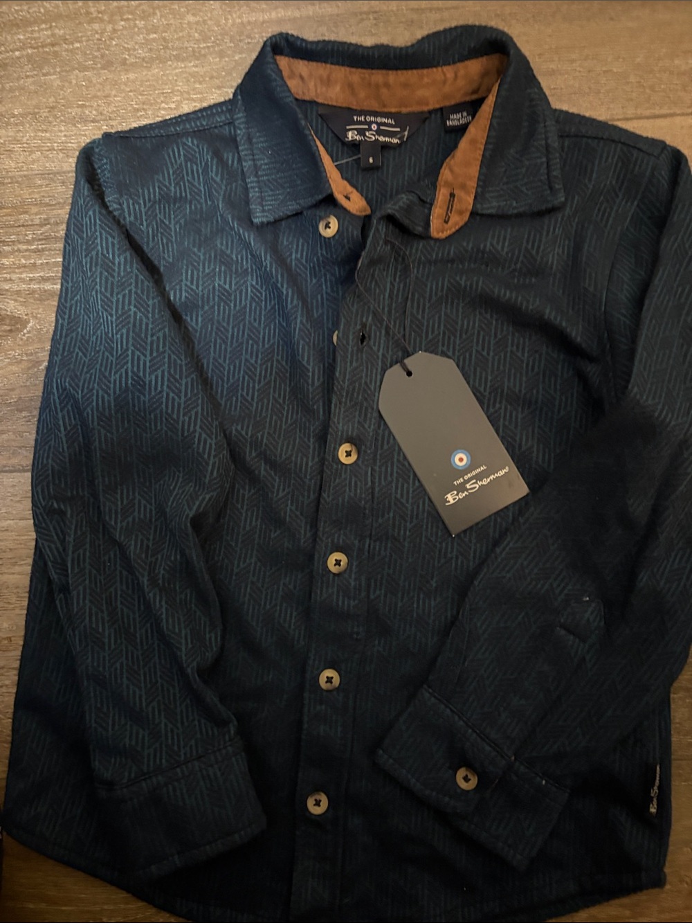 Ben Sherman Navy Geometric-Print Lightweight Shirt Jacket with Tan Collar Trim